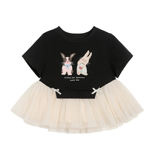 小O宝Okids童装 宝宝网纱裙摆短袖t恤女2026夏季新款女童薄款上衣