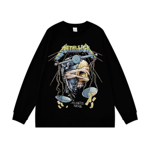 Metallica金属乐队骷髅头印花长袖T恤男女摇滚高街风纯棉上衣春秋