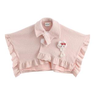 森女部落甜美粉色毛呢外套女2026新款蝴蝶结设计感宽松显瘦斗篷冬