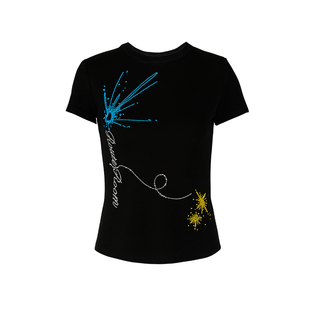 route room度假系列“蓝色焰火”闪亮烫钻图案修身弹力短袖T恤