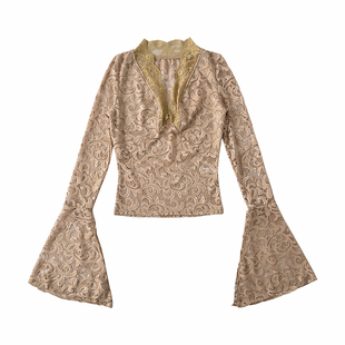 YoungGirlDay 纯欲氛围感性感深V修身显瘦喇叭长袖镂空蕾丝衫上衣