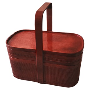 竹篮手提篮竹编带盖古典双层野餐篮拜佛拜神祭祖香篮红色收纳竹篮