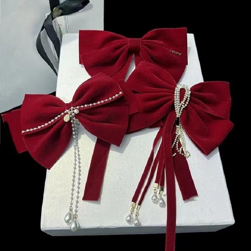 新款丝绒蝴蝶结飘带弹簧夹新娘敬酒服顶夹发夹高级订婚晚礼服头饰