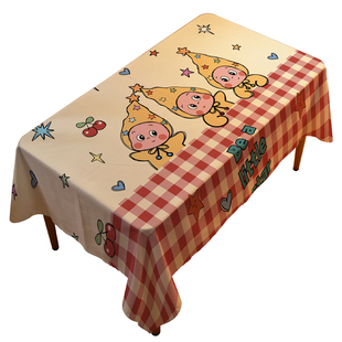复古奶油色卡通星星人桌布布艺格子野餐布拍照背景布餐桌潮牌台布