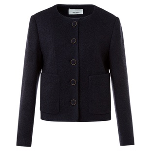 朗姿圆领优雅直筒短款气质高级感通勤风毛呢外套2025冬季新款