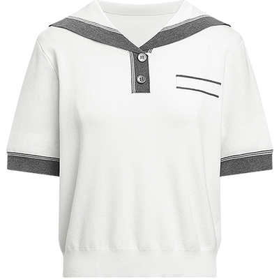 KBNE短袖女白色海军领金梳棉新派学院风夏季新款针织衫学院风上衣