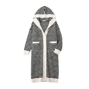 秋冬软绵绵黑白条纹连帽半边绒加厚睡衣家居服睡袍睡袍袍子套装