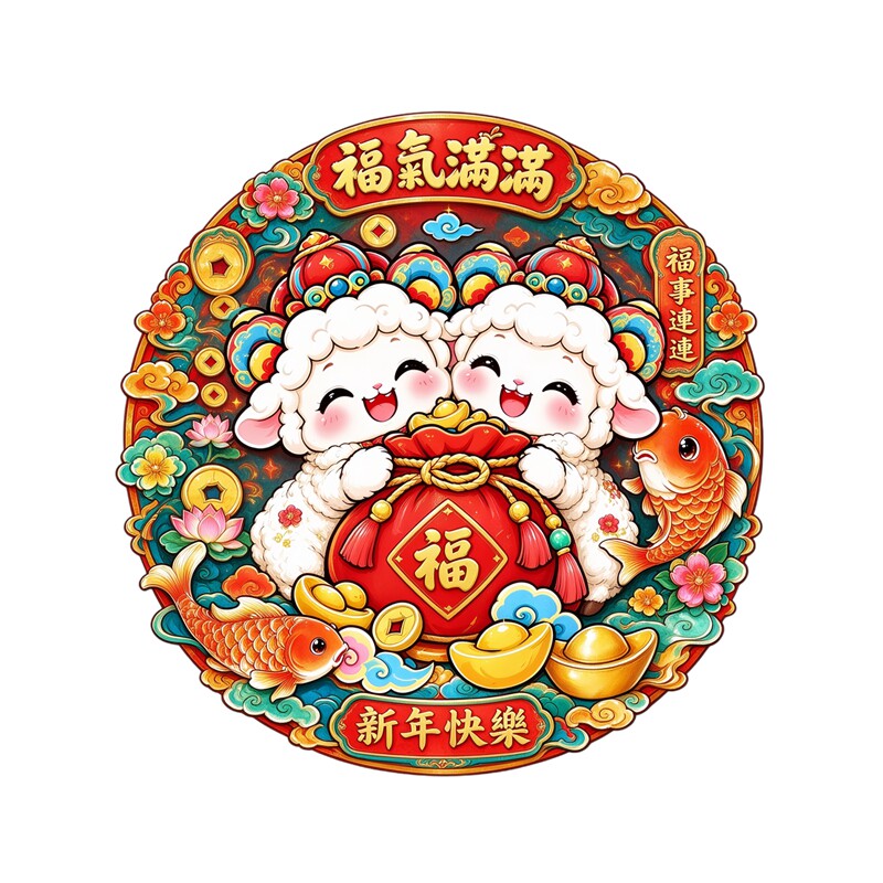 双羊抱福袋锦鲤墙贴福气满满圆形新年贴新春喜庆防水自粘装饰贴纸