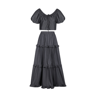 miorastudio法式复古洗水牛仔小众慵懒短款上衣 高腰荷叶边半身裙