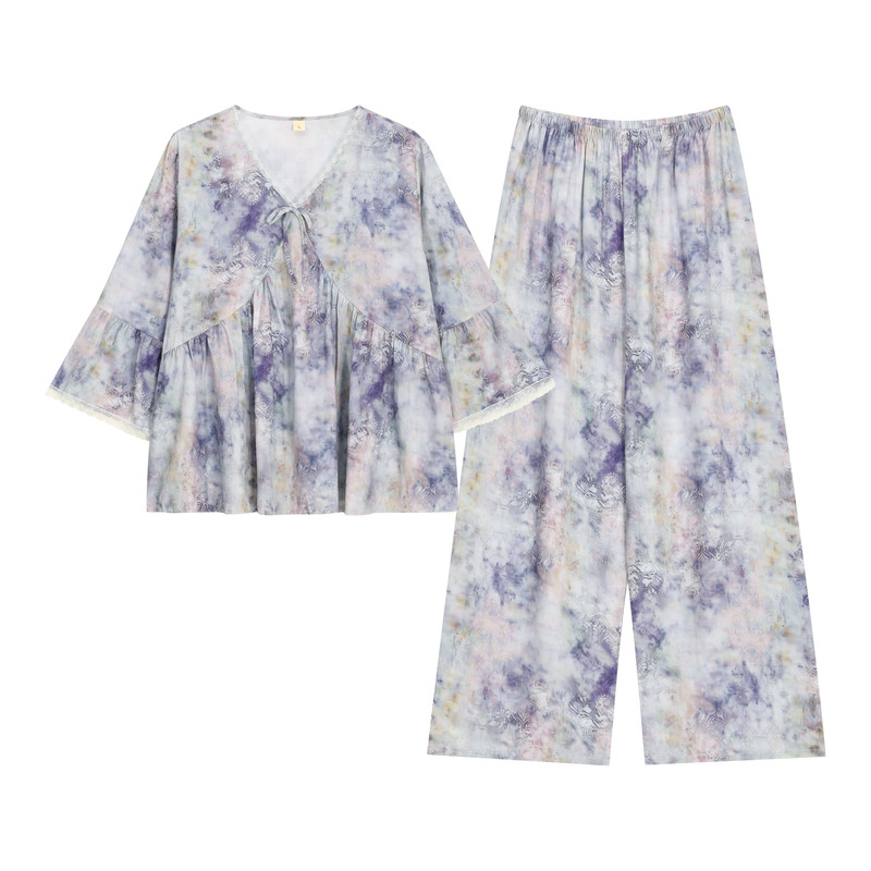 绵绸睡衣女夏长袖薄款空调服高档妈妈纯棉绸可外穿高贵家居服套装
