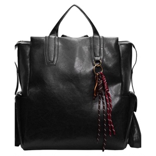 NIN皮质复古双肩包大容量中性风日系通勤百搭手提学生男女书包潮