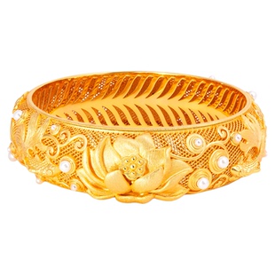 VISING珠宝《连年有余》金色荷花锦鲤手镯古法金拉丝手工镯925银