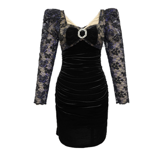 小众名媛风蕾丝连衣裙女气质收腰高级感轻奢小个子长袖丝绒包臀裙