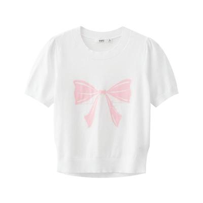 三福短袖女2025新款早秋季甜美印花泡泡袖圆领毛针织衫上衣女装