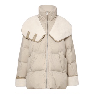 2025冬季新款时尚气质不规则大翻领帽子立领围脖加厚羽绒服外套