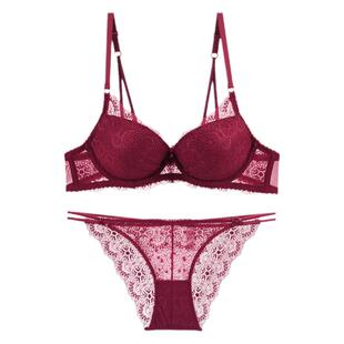 黑色蕾丝小胸聚拢细带文胸显胸大性感刺绣内衣套装女上托胸罩美背