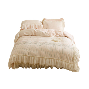 法式床盖款牛奶绒四件套公主风加厚蕾丝边刺绣被套少女心夹棉床品