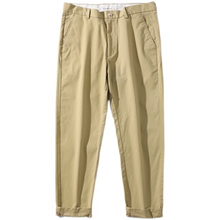 LUUD夏新款韩版卡其布休闲裤男简约复古直筒裤子纯色九分锥形裤子