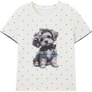 乐町「萌趣衣橱」波点小狗T恤夏正肩合体弹力上衣巨好穿显瘦短袖