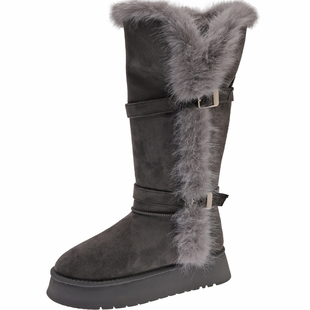 实拍新款皮毛一体毛绒雪地靴女冬季厚底加绒保暖长筒靴高筒棉靴