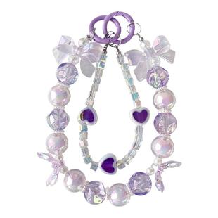 手机挂绳链条挂件紫色水晶大珠珠链条钥匙扣双扣手机壳挂链便携耳机套挂链ccd相机链防丢新款挂件手提手链条