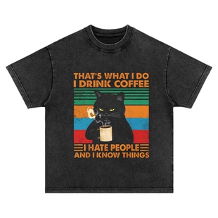 喝咖啡猫 趣味美式复古水洗做旧重磅纯棉宽松长短袖T恤男女情侣