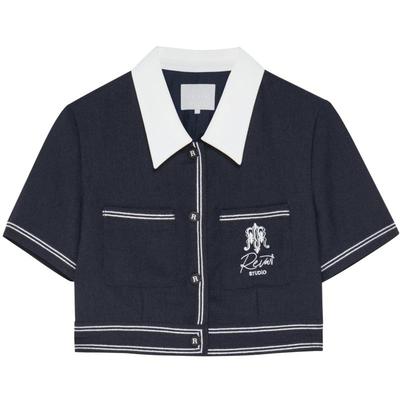 REVAN芮范2023夏季新品设计师款学院风藏青色短袖外套RN30105024