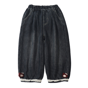 女童秋冬季新款洋气宝宝收口灯笼裤长裤加绒牛仔裤花边宽松裤子潮