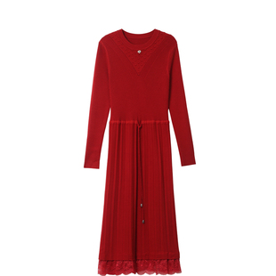 恒源祥中长款羊毛连衣裙女蕾丝边2025春秋冬新款配大衣羊绒毛衣裙