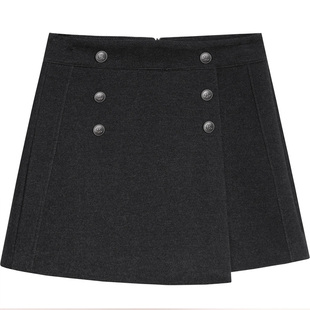 高腰毛呢裙裤女假两件防走光A字半身裙双排扣内衬呢子阔腿短裤