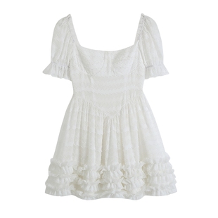 can方领一字肩短袖荷叶边bm宫廷风白色连衣裙短裙女