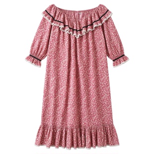 棉质甜美公主风睡衣女纯棉春秋女款长袖碎花法式蕾丝高级睡裙长款