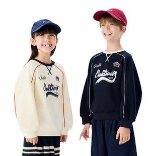 马拉丁童装儿童卫衣冬新款男女童大童美式复古撞色加绒圆领卫衣