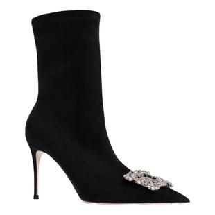 2025秋冬爆款靴子女细跟高跟鞋黑色绒面弹力靴水钻方扣短靴瘦瘦靴