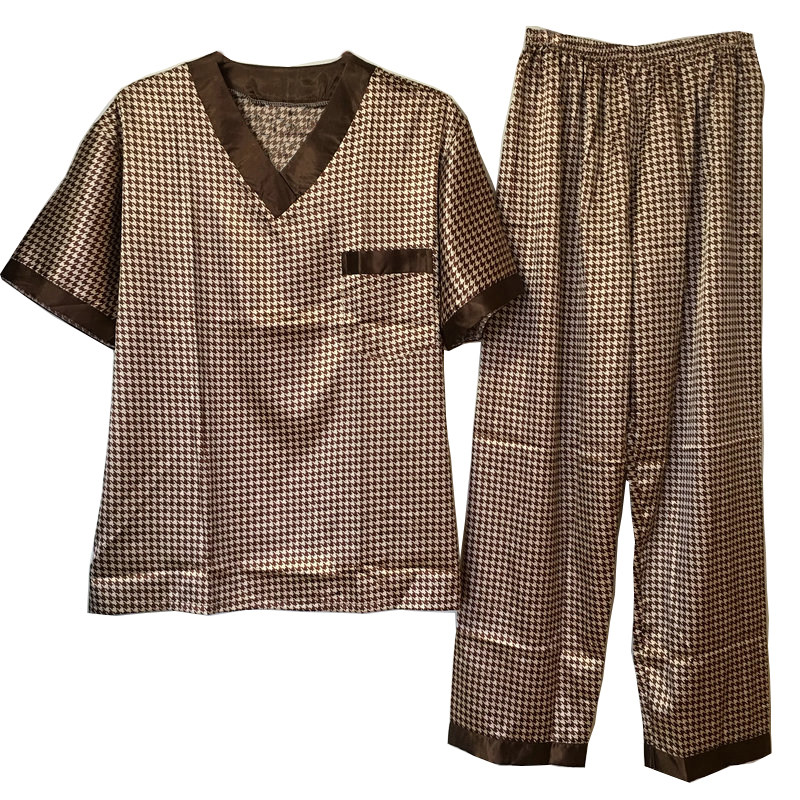 夏季薄款男士纺真丝睡衣 男式冰丝短袖短裤丝绸大码家居服套装V领