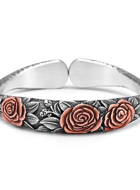 玫瑰之约足银999手镯女士手工錾刻镶金民族风国潮实心开口纯银镯