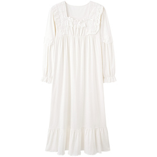 马克公主法式宫廷风睡裙女春秋新款纯棉长款睡衣初恋白月光连衣裙