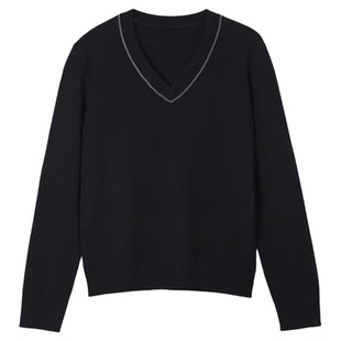 大洪洪【邂逅BC】早春珠链装饰V领简约风女绵羊毛混纺百搭针织衫