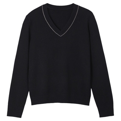 大洪洪【邂逅BC】早春珠链装饰V领简约风女绵羊毛混纺百搭针织衫