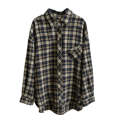 170g全棉复古格纹翻领长袖衬衫