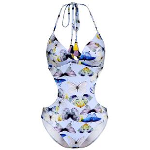 BE范德安连体泳衣女娜扎泳衣蝴蝶印花遮肚露背时尚温泉度假泳装