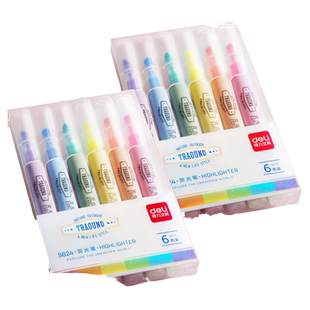 得力荧光笔记号笔柔彩荧光标记笔大容量淡色系6色套装学生用无味糖果色斜头彩色笔粗划重点手帐笔专用做笔记