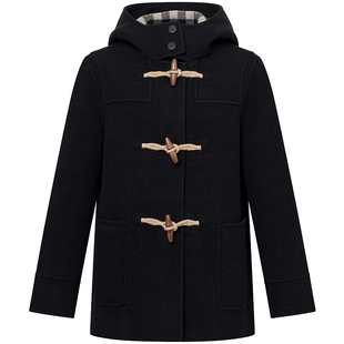 Hazzys哈吉斯秋冬女装短款牛角扣双面羊毛呢大衣保暖通勤休闲外套