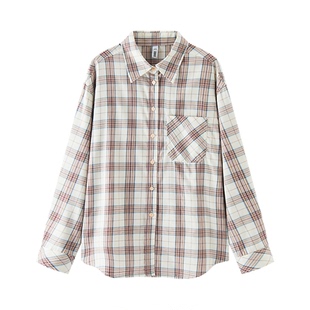 [商场同款]森马长袖衬衫女中长款格子2025秋新款宽松落肩衬衣时尚