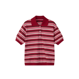 Warm Range MIU系Polo领条纹T恤女夏季休闲通勤罗纹复古撞色短袖