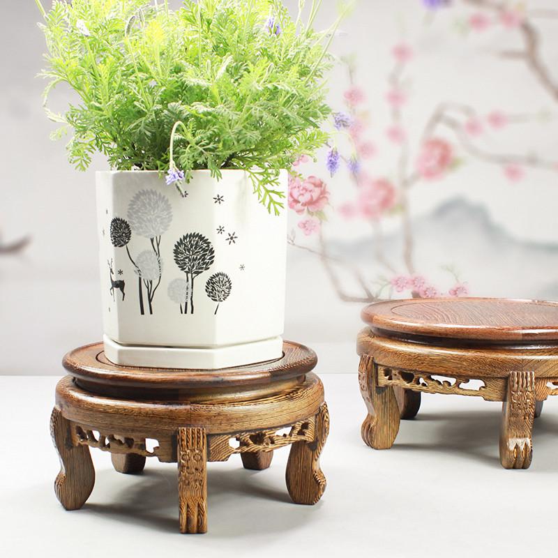 红木雕刻实木底座加高圆形紫砂壶茶具花瓶花盆工艺品摆件木质托架