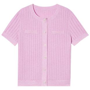 诗篇专选坑条挑孔肌理直身圆领短袖针织开衫女上衣2025夏季新款