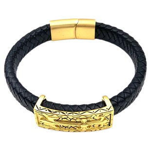 马年黑皮男手绳大扁扣时尚潮牌手环手饰黄金色刺青龙牌宽面男手链