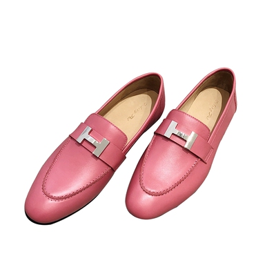 圆头真皮平跟懒人鞋单鞋玫红新款