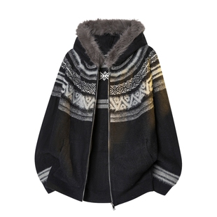 男生民族风毛领开衫毛衣男款春季连帽国潮针织衫2026新款新年战袍